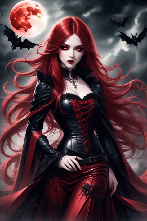 Vampire Tattoo Designs, Vampire Portrait, Vampire Princess, Vampire Party, Red Goth, Vampire Fashion, Female Vampire, Red Moon, Dark Gothic