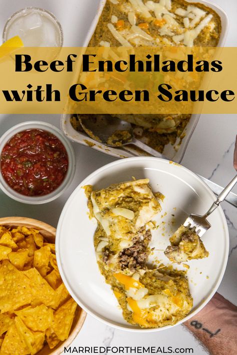 Recipe for Beef Enchiladas with Green Sauce Beef Enchiladas With Green Sauce, Enchiladas With Green Sauce, Steak Enchiladas, Enchiladas Beef, Verde Enchiladas, Easy Enchilada Casserole, Green Sauce Recipe, Green Enchiladas, Beef Massaman Curry