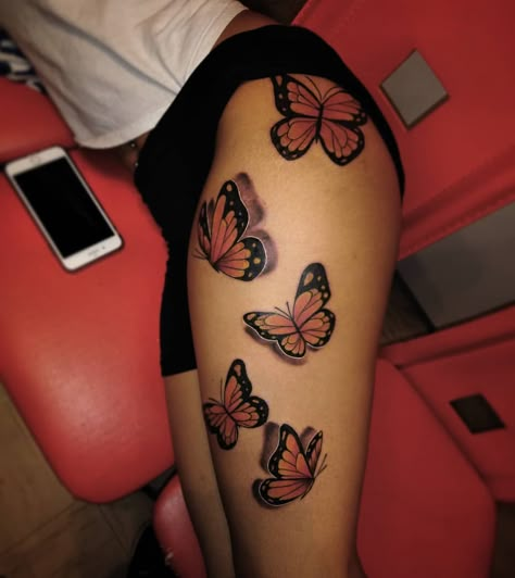 Butterfly Thigh Tattoo Black Women, Butterfly Tattoo On Back, Butterfly Leg Tattoos, Butterfly Thigh Tattoo, Butterfly Legs, Rose And Butterfly Tattoo, Side Thigh Tattoos, Cute Thigh Tattoos, Girl Thigh Tattoos