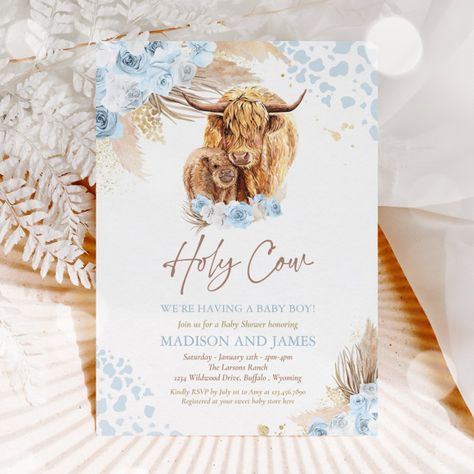 Southwestern Baby Shower, Cow Baby Shower Theme, Blue Pampas, Cow Baby Shower Invitations, Cow Baby Shower, Baby Boy Invitations, Cow Baby Showers, Cowboy Baby Shower, Having A Baby Boy