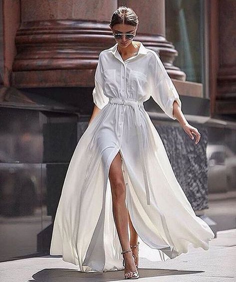 Summer white trend styling tips | How to wear | Chiko Shoes Short White Dress Wedding, Big Size Dress, Boho Mode, Walking Down The Street, Collared Shirt Dress, Maxi Shirts, Elegante Casual, فستان سهرة, Maxi Dress Online