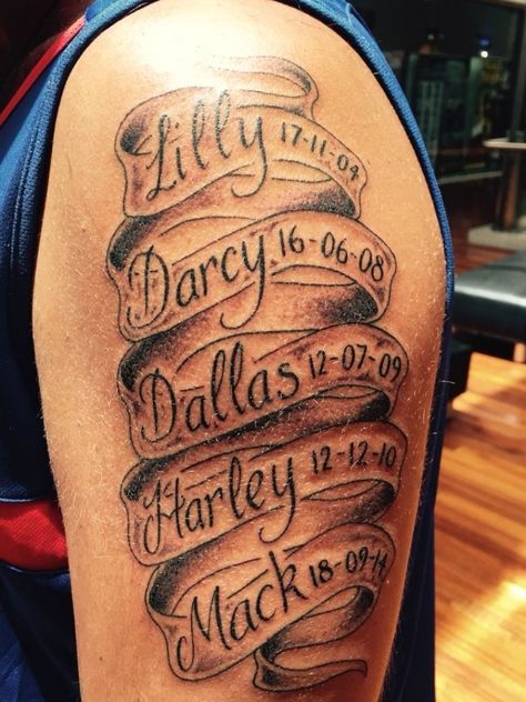 Kids names Tattoo … | Tattoos for kids, Kid name tattoo ... #tattoo #cutetattoos #tattooideas Tattoos For Childrens Names, Tato Nama, Family Name Tattoos, Names Tattoo, Small Wave Tattoo, Kid Name Tattoo, Names Tattoos For Men, Female Tattoos, Tattoos With Kids Names