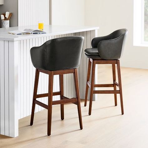 stools counter | West Elm Lakehouse Kitchen, Leather Swivel Bar Stools, First Home Together, Counter Stools With Backs, Bar Counter Stools, Library Furniture, Bar Stools With Backs, Leather Stool, Swivel Counter Stools