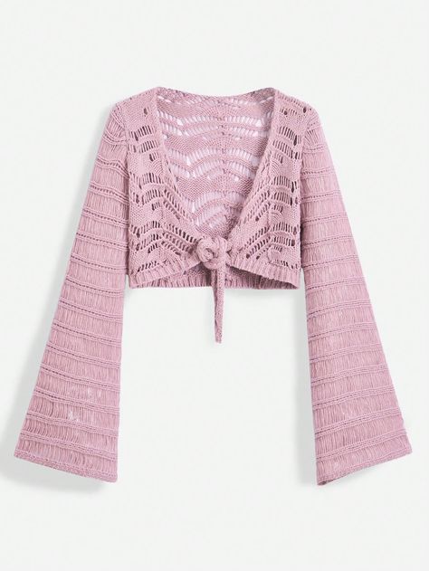 Women's Spring/Summer Casual Solid Color Hollow-Out Knitted Flare Sleeve Lightweight Bolero Cardigan Pink   Long Sleeve Fabric   Slight Stretch  Women Clothing, size features are:Bust: ,Length: ,Sleeve Length: Bolero Cardigan, Cardigan Pink, Rose Bonbon, Pink Collar, Pink Collars, Elegant Dresses Long, Lightweight Cardigan, Pink Long Sleeve, Black Party