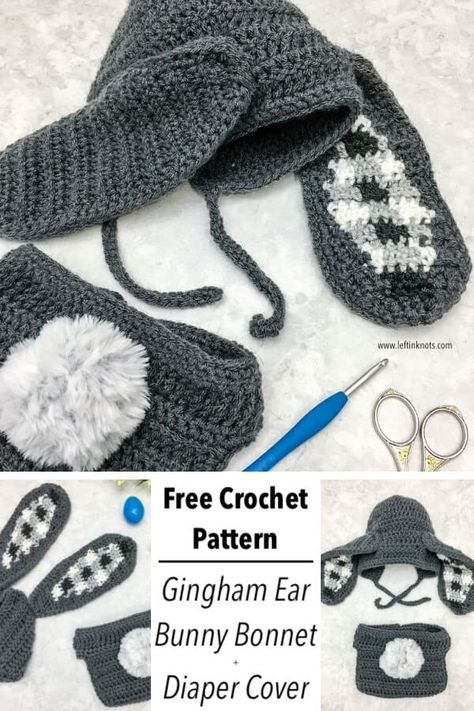 Crochet Bunny Photo Prop Outfit - a free pattern - Left in Knots Crochet Gingham, Crochet Baby Dress Free Pattern, Bunny Photo, Bunny Bonnet, Crochet Baby Bonnet, Bonnet Pattern, Modern Crochet Patterns, Bunny Tail, Crochet Baby Dress