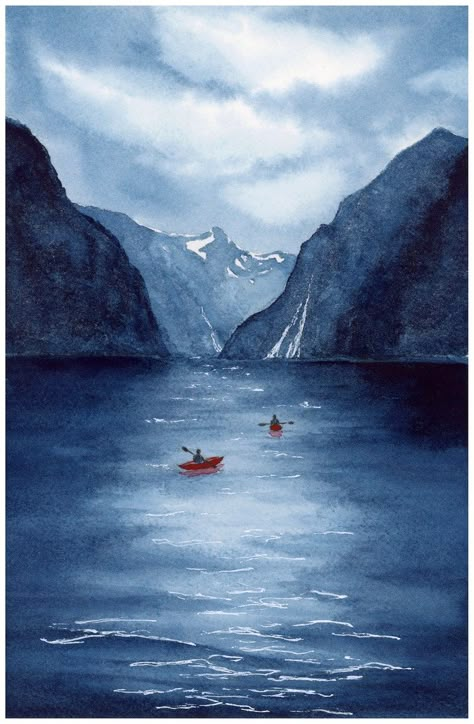 Kayaking in Norwegian Fjord, WATERCOLOR PAINTING Indigo Wall Art 8x12 or 6x9 - Etsy Canada Norway Watercolor, Geirangerfjord Norway, Norway Painting, Kayak Art, Norwegian Fjords, Watercolor Scenery, Gouache Paints, Watercolor Paintings Nature, Mountain Drawing