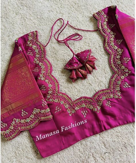 Murtham Blouse Design, Embroiding Work Blouse Designs, Blouse Ideas For Pattu Sarees, Designer Pattu Blouse Patterns, Cutwork Blouse Designs Boat Neck, Blouse Back Designs For Pattu Sarees, Dark Pink Blouse Aari Work Design, Cutwork Blouse Designs Silk, Embroidery Designs For Pattu Blouses