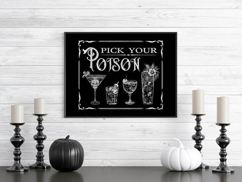 Pick Your Poison Potions Bar Halloween Bar Cart Art Sign, Funny Girly Halloween Witchy Wall Decor Horizontal Halloween Wall Art Printable - Etsy Pick Your Poison Sign, Poison Sign, Halloween Bar Cart, Witchy Wall Decor, Girly Halloween, Halloween Bar, Funny Girly, Bar Cart Art, Pick Your Poison