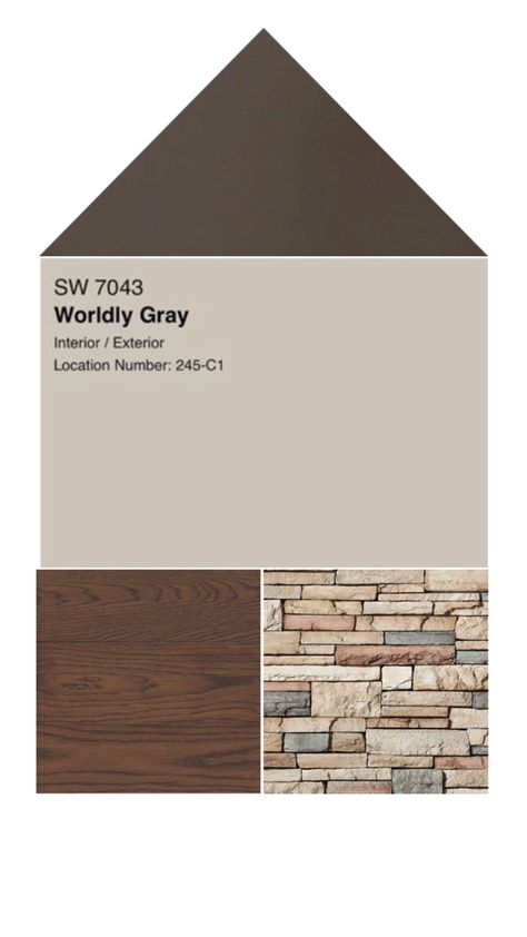 Tin burnished slate, rock Mohave, stain spiced brown, stucco worldly gray Stucco And Stone Exterior Color Schemes, Stone Colour Paint, Brown House Exterior, Exterior Cottage, Stucco And Stone Exterior, Stucco Colors, Worldly Gray, Slate Rock, Exterior House Renovation