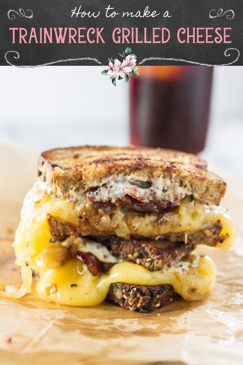 This Loaded Grilled Cheese Recipe is oozing with gouda, caramelized onions and maple whiskey bacon. It is the BEST grilled cheese recipe! This trainwreck grilled cheese is perfect for a quick and easy meal using pantry staples you'll already have on hand, or can easily find! Make it for a filling lunch or dinner! #grilledcheese #lunch Loaded Grilled Cheese, Italian One Pot, Whiskey Bacon, Family Friendly Dinner Recipes, The Best Grilled Cheese, Onion Grilled Cheese, Maple Whiskey, Grilled Cheese Recipe, Bacon Grilled Cheese