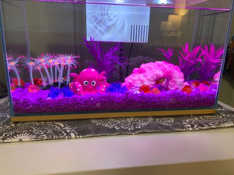 Pink Betta Fish Tank, Aesthetic Fish Tank Ideas Pink, Aesthetic Fish Tank Decor, Turtle Tank Ideas Aesthetic, Pink Fish Tank Aesthetic, Cute Fish Tank Decor, Neon Fish Tank Ideas, Pink Fish Tank Ideas, Cute Fish Tank Ideas Aesthetic