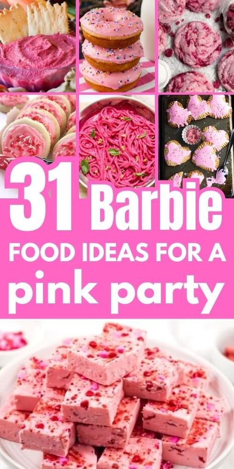 Barbie 24th Birthday, Barbie Theme Breakfast, Barbie Theme Party Food Ideas, Fun Birthday Party Food Ideas, Food For A Barbie Party, Barbie Birthday Party Theme Food, Barbie Galentines Party, Food Ideas For Barbie Party, Food For Barbie Birthday Party