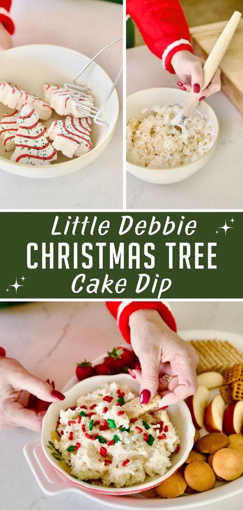 little debbie christmas tree cake dip being made then served with crackers Christmas Dessert Dip, Fancy Party Appetizers, Tree Cake Dip, Christmas Tree Cake Dip, Cake Dip Recipe, Quick Holiday Treats, Homemade Christmas Desserts, Christmas Dessert Platter, Quick Christmas Dessert