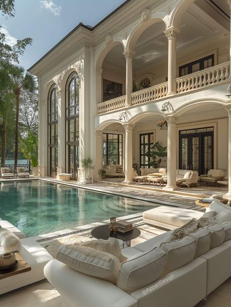 Big House Old Money, House Rooms Design, Old Money House With Pool, Aesthetic Pool Backyard, House Grand Entrance, Random Rooms In House, White Old Money House, Fancy Houses Exterior, House Interior Old Money