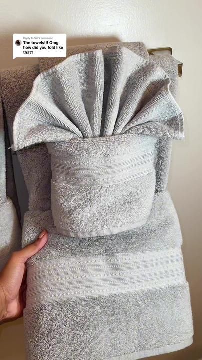 Replying to @Sal How to fold towel set 🤍 #foldingtowels #foldingtutor... | Decorative Towel Fold For Bathroom | TikTok Folding Towels For Display Bathroom, How To Fold Decorative Bathroom Towels, Fold Towels Like Hotel, Best Way To Fold Towels, Folding Towels Fancy, Bathroom Tiktok, How To Fold Hand Towels, Decorative Towel Folding, Folding Bath Towels