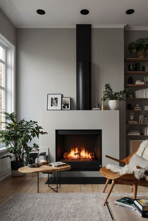 minimalist interior design, scandinavian decor, fireplace design, living room styling, home design ideas, cozy living space, modern home decor Scandinavian Living Room Fireplace, Light Gray Fireplace, Scandinavian Fireplace Ideas, Minimalist Scandinavian Living Room, Scandinavian Fireplace, Living Room With A Fireplace, Warm Paint Colors, Scandinavian Design Living Room, Scandinavian Living Room