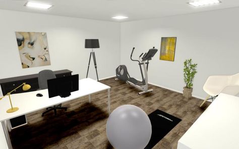 Office Gym Layout, Home Office Plus Gym, Office And Fitness Room Combo, Home Office With Workout Space, Study Gym Room Home Office, Office And Gym Room Combo, Office Workout Room Combo Small Spaces, Home Office With Treadmill, Office And Home Gym Combo