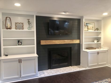 Black Hexagon Tile Fireplace, Hexagon Tile Fireplace, Black Shiplap Fireplace, Updated Fireplace, Tile Hearth, Black Shiplap, Black Hexagon Tile, Built In Bookshelves, Built In Around Fireplace