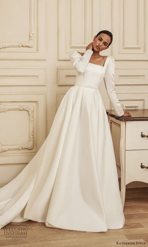 Classic Ballgown Wedding Dress Simple, Puff Long Sleeve Wedding Dress, Minimalist Wedding Gown Classy, Elegant Modest Wedding Dresses, Long Sleeve Wedding Dress Ball Gown, 2023 Wedding Dresses, Long Sleeve Bridal Dresses, Modest Wedding Dresses With Sleeves, Wedding Dress Necklace