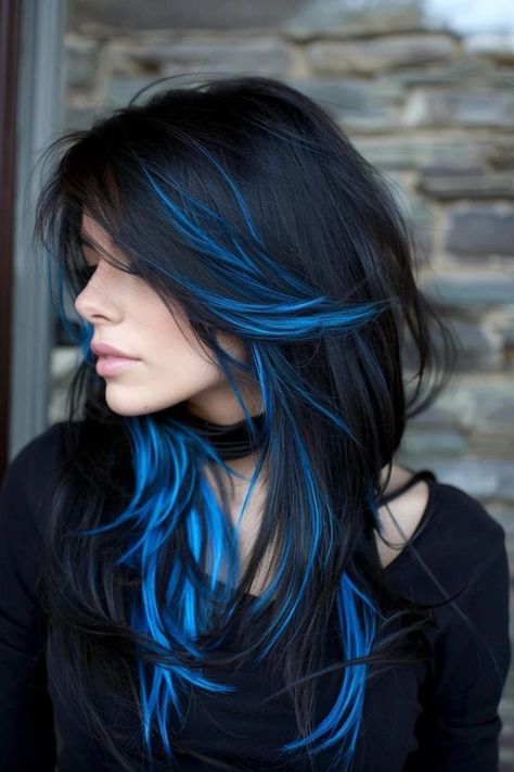 Highlighted Blue Hair, Female Hair Color Ideas, New Trending Hair Colors, Blue Frosted Tips Hair, Black And Blue Hairstyles, Hair With A Pop Of Color, Cool Hair Colors For Short Hair, Dark Blue Hair With Highlights, Blue Hair Black Tips