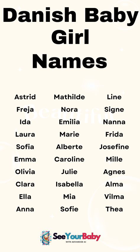 These Danish baby girl names are sweet and unique, perfect for parents who want a name that’s both charming and timeless. Danish Girl Names, Danish Names, Scene Writing Prompts, Scandinavian Names, Horror Ideas, Names Generator, Hawaiian Names, Scene Writing, Fanfic Ideas