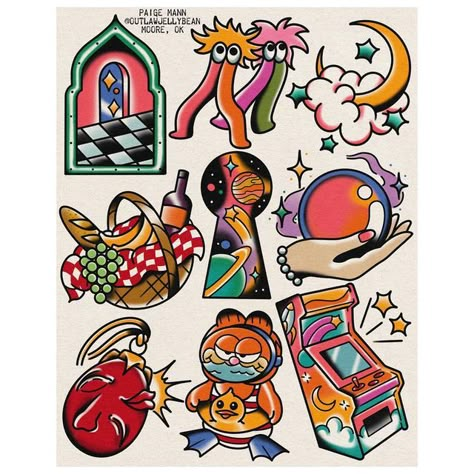 Spit Shade Tattoo Flash, Colorful American Traditional Tattoo, Trippy American Traditional Tattoo, American Traditional Designs, Colorful Traditional Tattoo, Tattoo Flash Art Color, Tattoo Sheets Drawings, How To Draw Traditional Tattoos, Girly Tattoo Flash