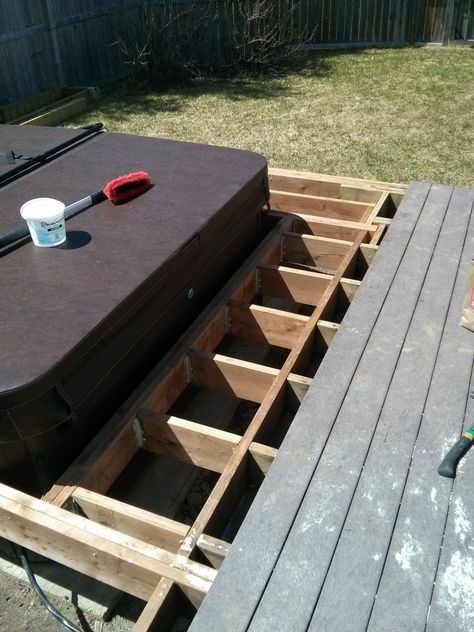 Hot Tub Built Into Deck, Deck Around Hot Tub, Drop In Hot Tub Deck, Hot Tub Decking, Floating Deck For Hot Tub, Hot Tub Sunk In Deck, Trex Deck With Hot Tub, Jacuzzi Covers, Jacuzzi Deck