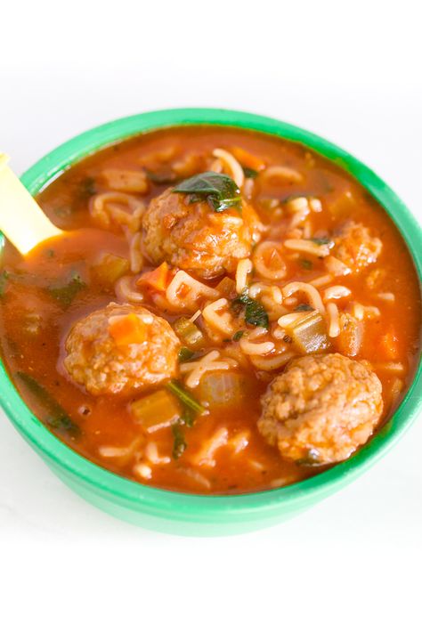 Kid Soup Recipes, Soup Recipes Kids Love, Soup With Mini Meatballs, Italian Mini Meatball Soup, Meatball Minestrone Soup, Alphabet Soup Recipe, Chicken Soup For Babies, Soup For Kids, Mini Meatball Soup