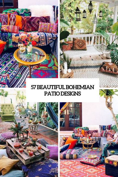 Bohemian Outdoor Furniture Patio, Bohemian Porch Decor, Bohemian Screened In Porch, Small Boho Patio Ideas, Eclectic Patio Design, Bohemian Deck Ideas, Hippie Porch Ideas, Maximalist Patio, Bohemian Porch Ideas