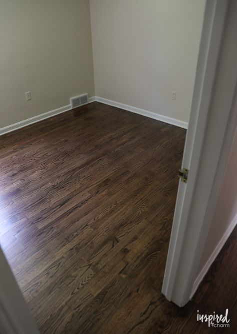 Refinished Hardwood Floors with Dark Walnut Stain and Satin Poly Finish Rugs For Walnut Floors, Walnut Stained Floors, Wood Floor Stains, Chestnut Floors, Dark Walnut Floors, Dark Stained Wood Floors, Hardwood Floor Stain Colors, Oak Floor Stains, Wood Floor Stain Colors