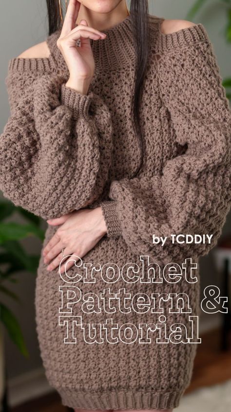 Learn how to crochet this with our instant download pattern here! Our pattern includes a guided pattern, photo pattern and free video tutorial! 💖 Be sure to join us on YouTube, Instagram and check out my Etsy @TCDDIY Sweater Dress Pattern, Cold Shoulder Sweater Dress, Crochet Sweater Dress, Crochet Dress Pattern Free, Winter Crochet, Crochet Skirts, Stylish Crochet, Dress Patterns Free, Crochet Tops Free Patterns