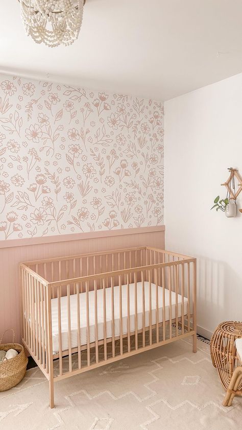 Shiplap Wall In Nursery, Nursery Girls Room, Half Wall Board And Batten Nursery, Pink Shiplap Wall Nursery, Cute Girl Nursery Ideas, Board And Batten Wall Kids Room, Waynes Coating Nursery Ideas, Half Wall Paneling Nursery, Half Wallpaper Half Paneling Nursery