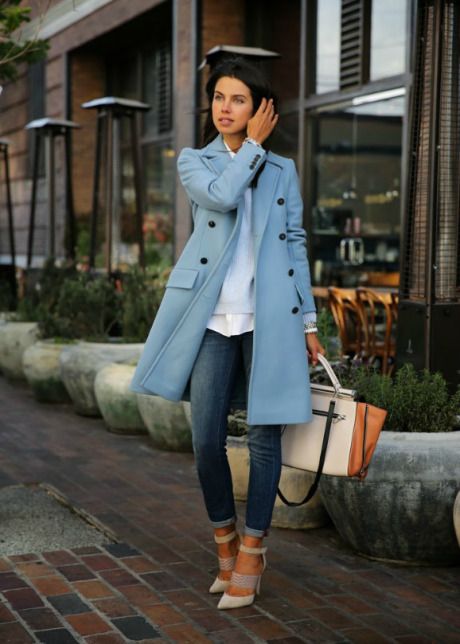 How To Wear a Trench Coat | StyleCaster Sky Blue Trench Coat Outfit, Blue Trench Coat Outfit, Family Photo Outfits Winter, Polished Casual, Blue Trench Coat, Coat Outfit, Blue Coat, Family Photo Outfits, Blue Coats