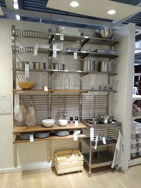 Ikea Omar Pantry Ideas, Ikea Steel Kitchen, Ikea Omar Pantry Open Shelving, Container Kitchen Restaurant, Ikea Pot And Pan Storage, Omar Ikea, Production Kitchen, Small Commercial Kitchen, Small Farmhouse Kitchen