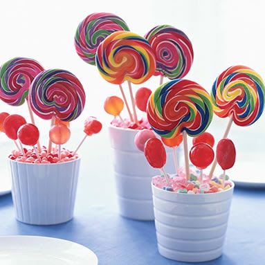 Birthday Party: Lollipop, Lollipop….Oh Lolli… center piece| The TomKat Studio Lollipop Centerpiece, Carnival Wedding Theme, Candy Centerpieces, Summer Centerpieces, Carnival Wedding, Candyland Birthday, Birthday Party Centerpieces, Candyland Party, Colorful Candy