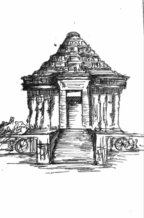 Konark Sun Temple Drawing, Temple Sketch, Konark Temple, Temple Drawing, Sun Temple, Temple Ruins, Building Sketch, Greek Temple, Building Illustration