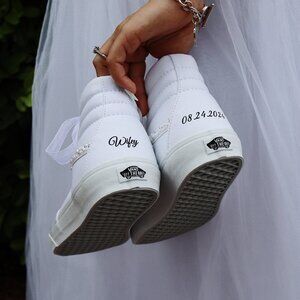 Vans | Shoes | Wedding Sneakers For The Bride Personalized Bridal Shoes Vans Sk8hi Canvas | Poshmark Sneakers For Bride, Wedding Sneakers For Bride, Bride Sneakers, Wedding Vans, Wedding Shoes Sneakers, Reception Shoes, Bride Personalized, Bridal Sneakers, Dresses With Vans