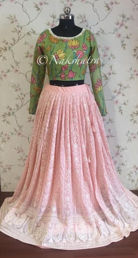 Kalamkari Crop Top Lehenga, Kalamkari Crop Top, Kalamkari Blouses, Kalamkari Blouse Designs, Layered Skirts, Kids Frock, Chikankari Lehenga, Kuchu Designs, Kalamkari Blouse