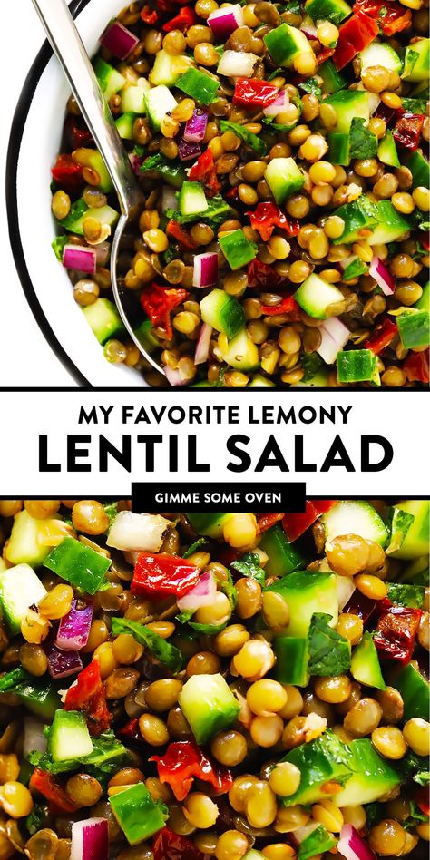 My favorite lentil salad recipe is made with French lentils, cucumber, sun-dried tomatoes, onion, fresh mint and a zippy lemon dressing.  Super simple to make, and so light and refreshing! | gimmesomeoven.com #lentil #salad #lemon #healthy #glutenfree #vegan #mealprep #mediterranean Lentil Salad Recipes, Sommer Mad, French Lentils, Healthy Lunch Meal Prep, Lentil Salad, Dinner Healthy, Lentil Recipes, Vegan Salad, Idee Pasto Sano