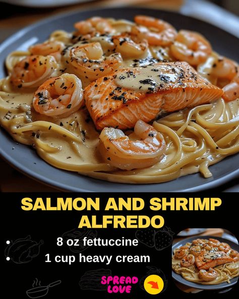 Salmon and Shrimp Alfredo Seafood Alfredo Pasta, Salmon And Shrimp Alfredo, Salmon Alfredo Pasta, Salmon Alfredo, Shrimp And Sausage Jambalaya, Beef Tips And Noodles, Seafood Alfredo, Jambalaya Pasta, Flaked Salmon