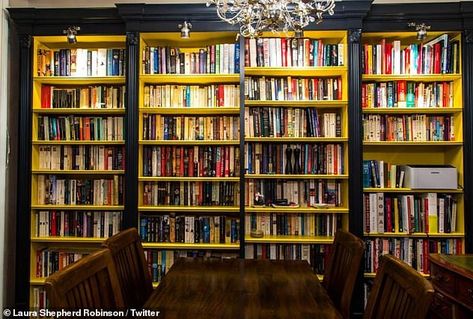 Another user shared her grandiose dark blue shelves complete with a vibrant yellow trim... Blue Shelves, Library Bookcase, Who Asked, Yellow Trim, Book Shelves, Share Photos, The Trend, On Board, Bookshelves