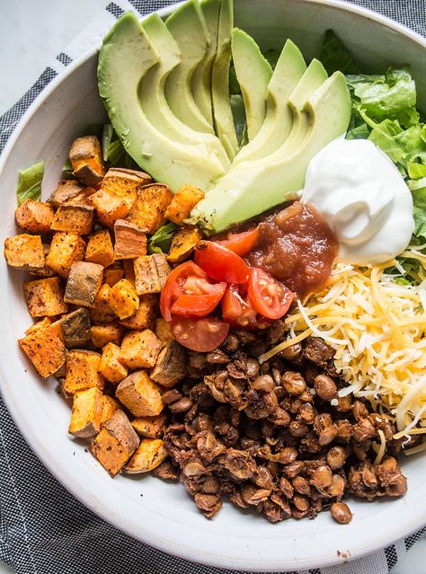 Easy Lentil and Roasted Sweet Potato Taco Bowl | Lemons and Basil Potato Taco Bowl, Lentil Bowl, Lentil Sweet Potato, Taco Bowl Recipe, Lentil Tacos, Canned Lentils, Taco Bowl, Sweet Potato Tacos, Healthy Bowls Recipes