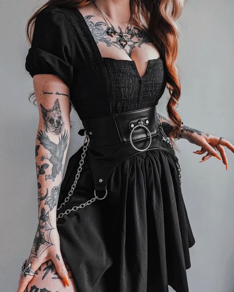 Mini Corset Dress Outfit, Belt Mini Dress, Corset Belt Dress Outfit, Black Dress With Corset Belt, Modern Gothic Outfits, Black Corset Belt Outfit, Alternative Dress Outfit, Black Dress Classy Outfit, Different Goth Styles