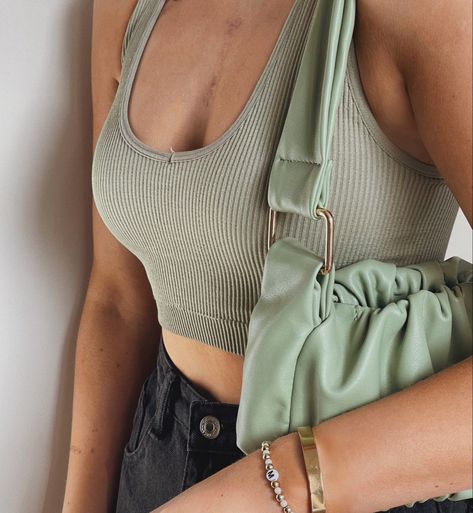 Sage green, fashion trends, gold and green, gold bangle, friendship bracelet, shoulder bag, details, accessories, 2021 style, trend, outfit, ootd Sage Green Bag Outfit, Sage Green Fashion, Sage Green Purse, Green Purse Outfit, Green Bag Outfit, Purse Outfit, Trend Outfit, Green Purse, Bag Details