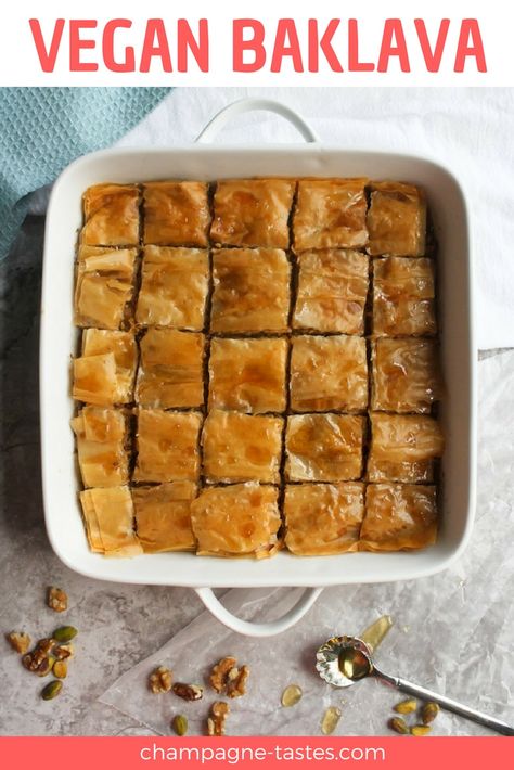 This delicious Vegan Baklava is made with phyllo dough, olive oil, and syrup, and is a sweet twist on the classic Greek and Turkish dessert. #baklava #greekfood #vegandessert Vegan Baklava Recipe, Vegan Phyllo Recipes, Vegan Turkish Food, Dessert Recipes Without Milk, Vegan Turkish Recipes, Recipes Without Milk, Vegan Baklava, Watergate Cake, Jewish Desserts