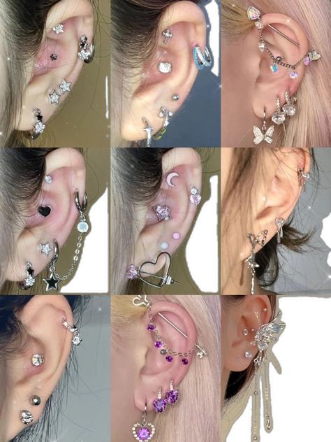 Idea For Ear Piercing, Piercings And Tattoos Women, Piercing Inspo Both Ears, Douyin Ear Piercing, Kawaii Ear Piercings, Ear Piercings Asian, Ear Decoration Piercings, Ear Piercing Ideas Grunge, Lot Of Ear Piercings