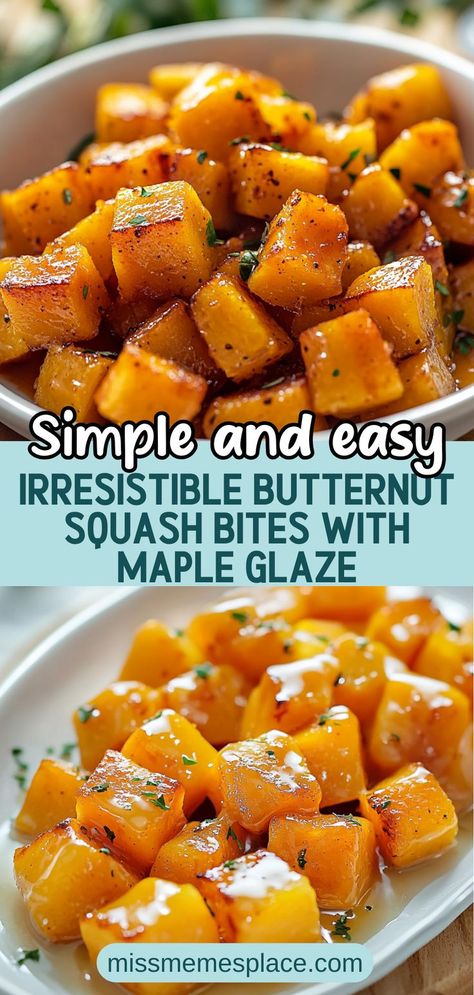 Discover the perfect blend of sweet and savory with these Irresistible Butternut Squash Bites with Maple Glaze! Roasted to perfection, each bite is coated in a rich maple syrup glaze that caramelizes beautifully in the oven. Perfect for appetizers or snacks, this easy recipe highlights the natural sweetness of butternut squash while adding a warm, comforting flavor. Serve them warm at your next gathering and watch as they disappear in no time! Roasted Butternut Squash Maple Syrup, Butternut Squash Bites, Sweet Roasted Butternut Squash, Roasted Cubed Butternut Squash, Maple Glazed Squash, Butternut Squash And Meatballs, Butter It Squash Recipes, Baking Butternut Squash Oven, Recipes Using Frozen Butternut Squash