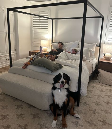 Canopy Bed With Bench, Couples Canopy Bed, Black King Canopy Bed, Canopy Metal Bed Frame, Minimalist Canopy Bed, How To Style Canopy Bed, Black Canopy Bedroom Ideas Modern, Canopy King Bed Ideas, Room Ideas With Canopy Bed