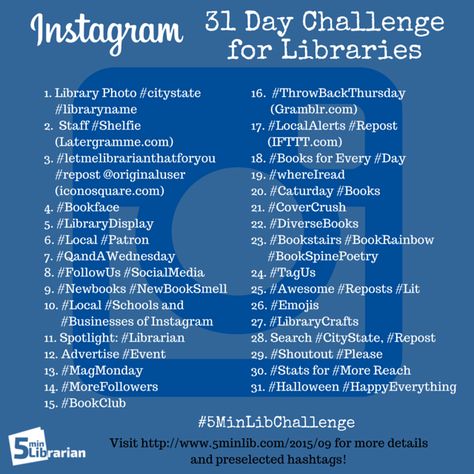 From "5 Minute Librarian" comes this "31 Days of Instagram Challenge" -- Very well thought-out, with ideas, hashtags, tips, and tools. If done in October 2015, there will be other participants. Library Events Ideas, Library Social Media, Public Library Programs, Librarian Ideas, Library Marketing, Passive Programs, Library Program Ideas, Teen Library, Library Media Specialist