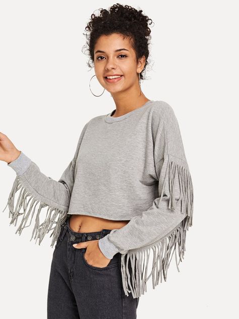 Fringe Detail Solid Sweatshirt -SheIn(Sheinside) Fringe Sweatshirt, Solid Crop Top, Sweatshirt Ideas, Women Sweatshirts, Jean Trends, Classy Dress Outfits, Sweatshirts Online, Sweaters And Jeans, Boho Tops